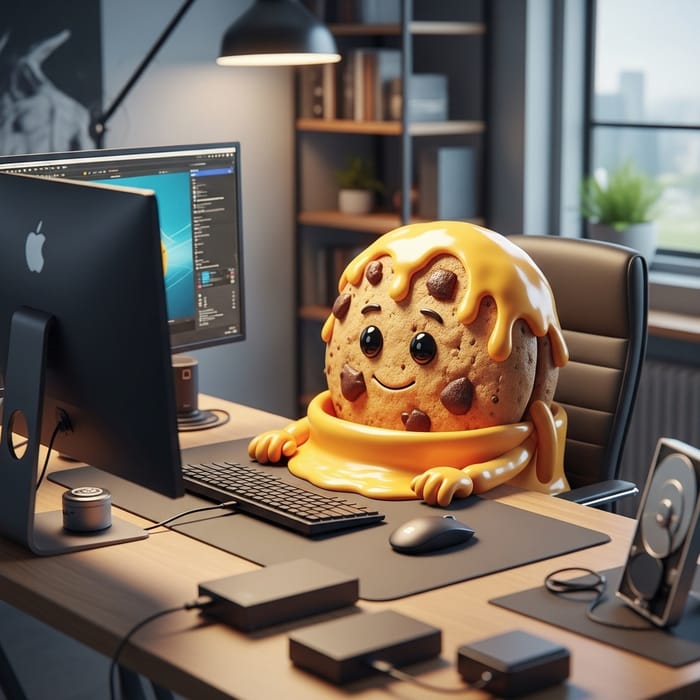 Cookie Character with Cheese Sauce at Computer Cookie Character with Cheese Sauce at Computer