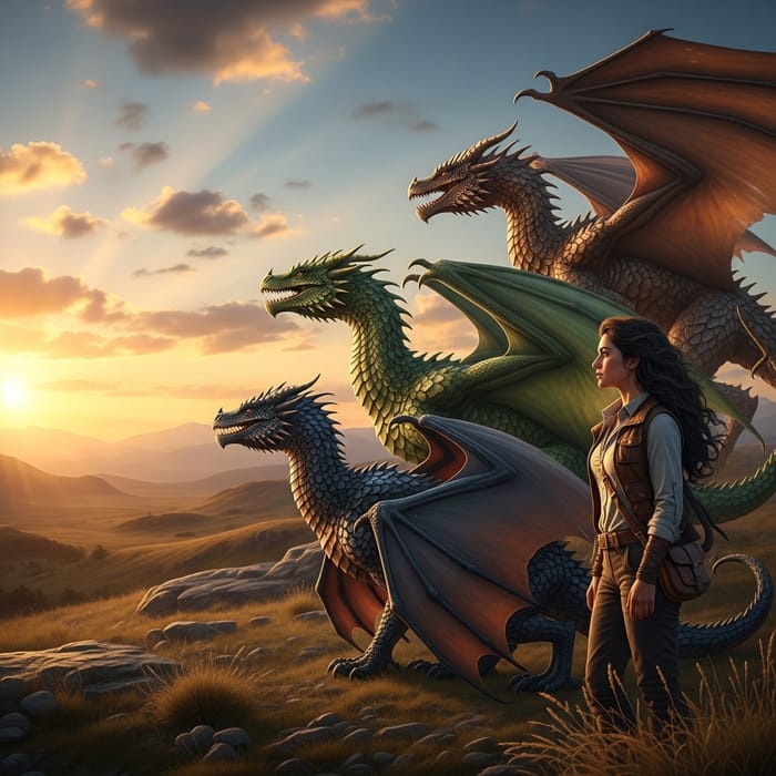 Hispanic Woman and Three Dragons at Dusk Hispanic Woman and Three Dragons at Dusk