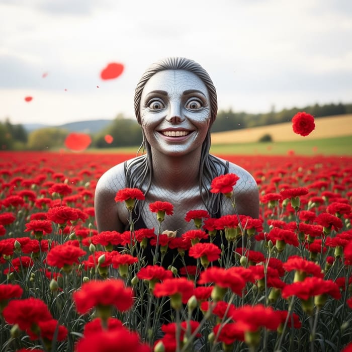 Sardine-Like Woman Smiling in Fluttering Red Carnation Field Sardine-Like Woman Smiling in Fluttering Red Carnation Field
