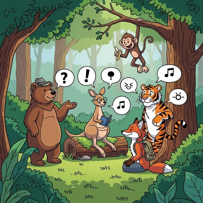 Enchanted Forest Scene: Chatty Animal Friends Gather Enchanted Forest Scene: Chatty Animal Friends Gather