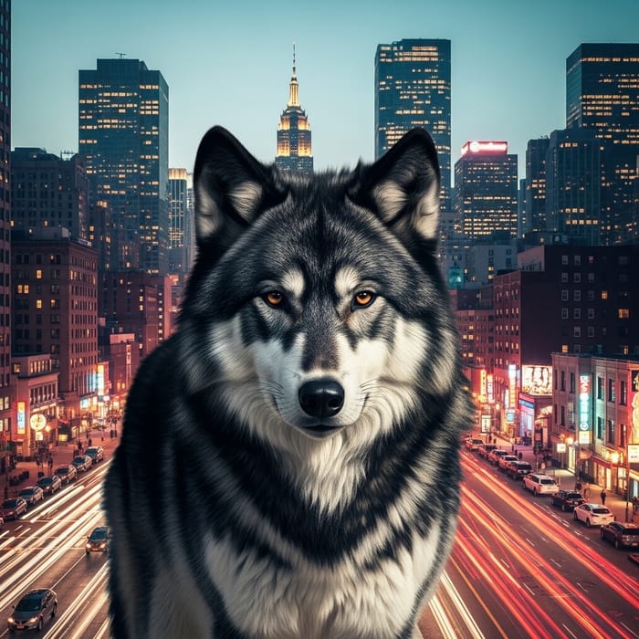 Majestic Black and White Siberian Wolf in Urban Cityscape Majestic Black and White Siberian Wolf in Urban Cityscape