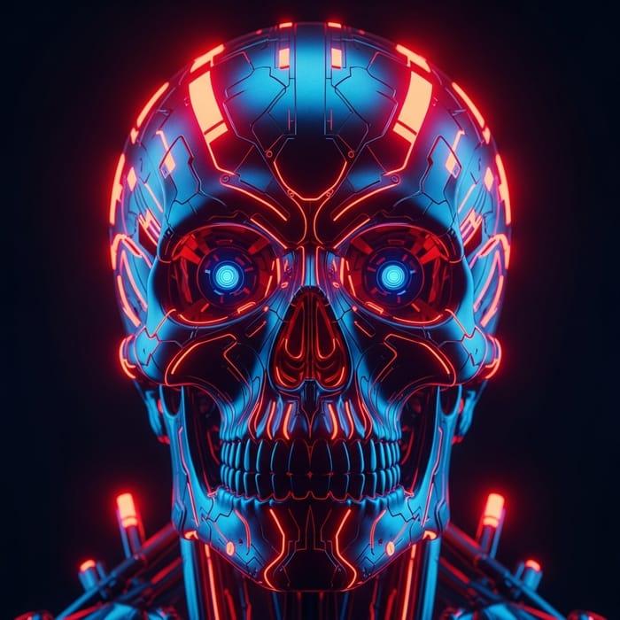 Neon Cyber Skull Art: Futuristic Red-Blue-Black Rendering Neon Cyber Skull Art: Futuristic Red-Blue-Black Rendering