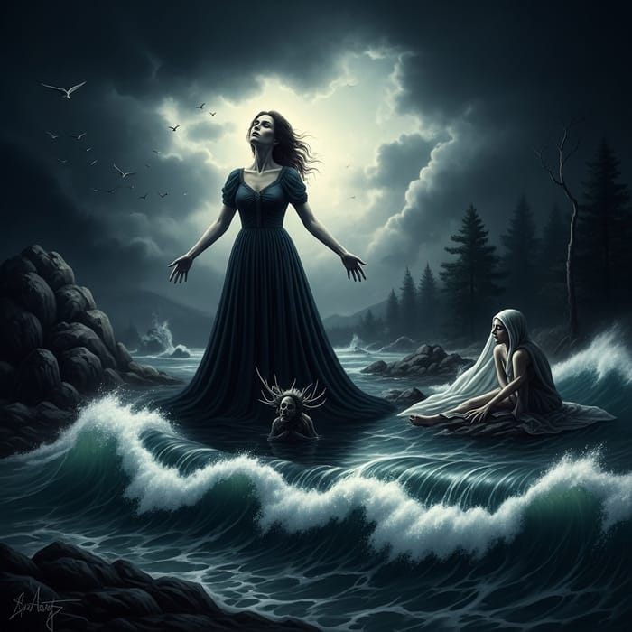 Haunting Surrealist Digital Painting of Death's Undertow | Macabre Art