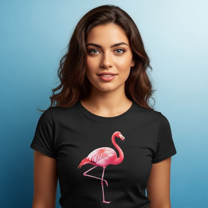 Swarthy Skin Gamer Girl with Brown Hair and Flamingo T-Shirt