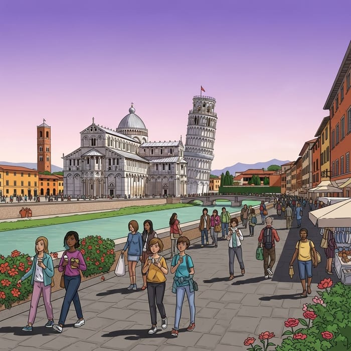Purple-Hued Sunset Over Leaning Tower of Pisa | Italian Renaissance Cityscape