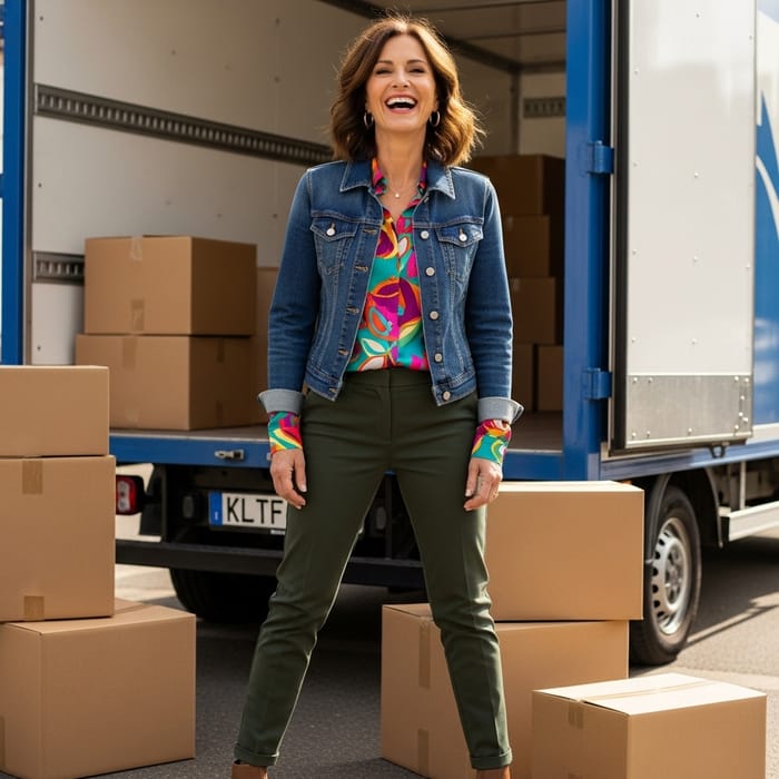 Stylish Woman in 50s Embracing Amazon Delivery | Fashionable & Radiant Smile Stylish Woman in 50s Embracing Amazon Delivery | Fashionable & Radiant Smile
