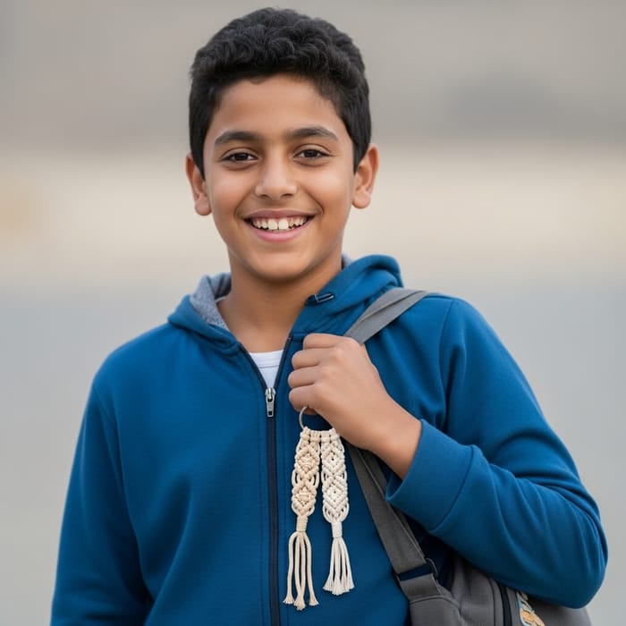 Middle Eastern Boy with Macrame Keychain and Body Bag Middle Eastern Boy with Macrame Keychain and Body Bag