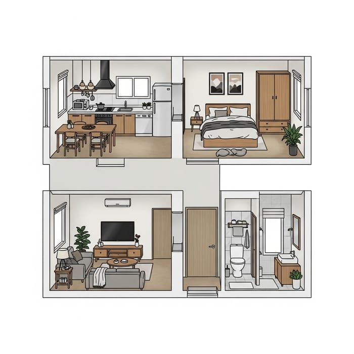 Minimalist Single-Story House with Household Items - Functional Designs Minimalist Single-Story House with Household Items - Functional Designs