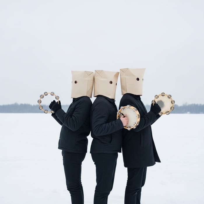 Diverse Trio with Tambourines in Snow-Covered Field Diverse Trio with Tambourines in Snow-Covered Field