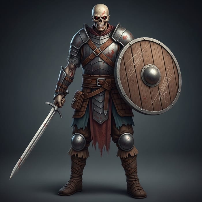 Undead Warrior Sword Shield Leather Armor Standing Robustly