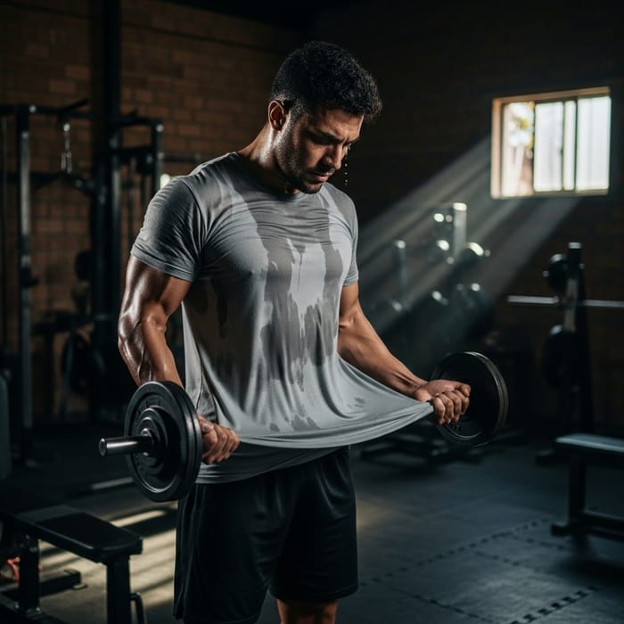 Intense Workout of a Muscular Man in a Dim Gym