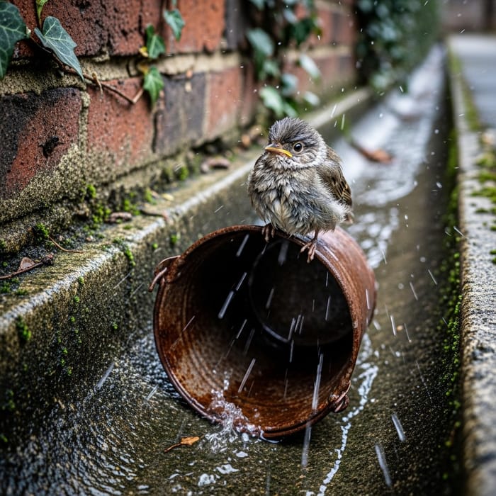 Sad Bird Flying on Bucket Along Gutter Sad Bird Flying on Bucket Along Gutter