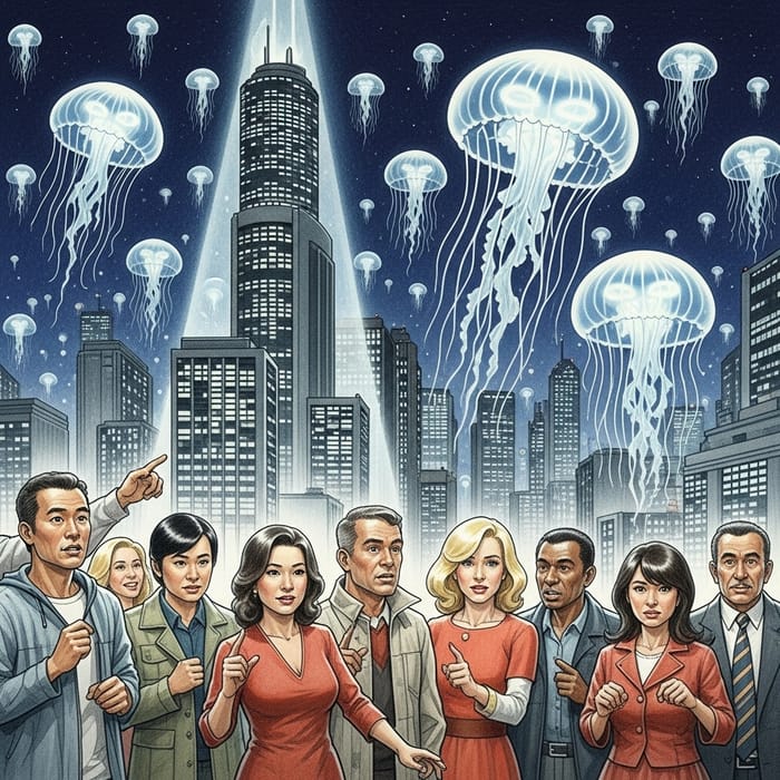 Futuristic Bright City Invasion: Diverse Alien Jellyfish Attack
