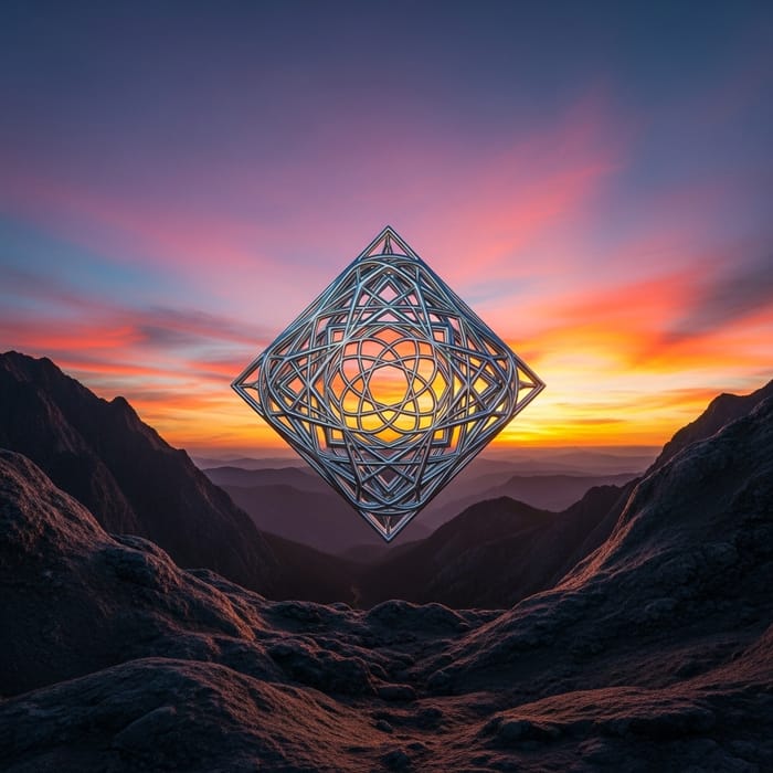 Surrealistic Mountain Landscape at Sunset with Metal Sacred Geometry