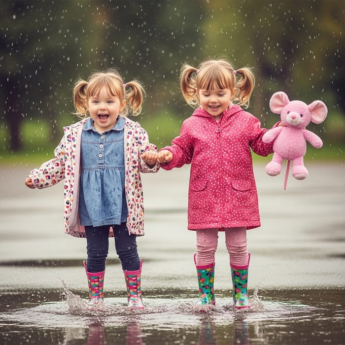 Two Caucasian 3-Year-Old Girls Jumping in Puddle with Pink Mouse Plush