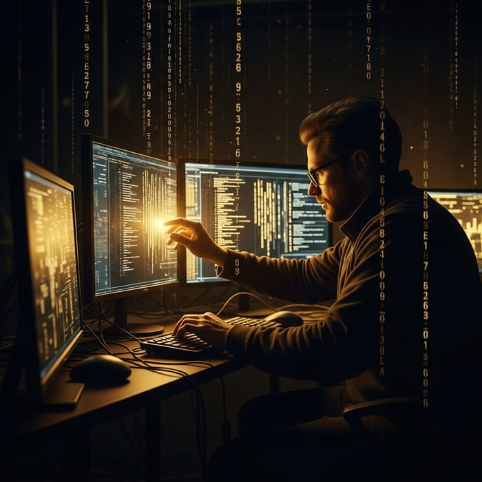 Cinematic Dark and Gold Hacker Hacking Scene