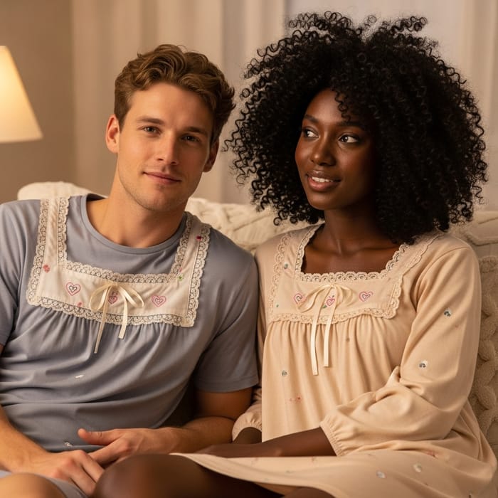 Cozy Nightwear: Cute Couple in Matching Nightdresses Cozy Nightwear: Cute Couple in Matching Nightdresses