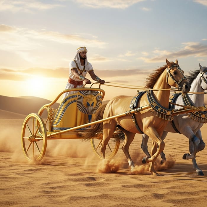 Egyptian Man Driving Shimmering Gold Chariot