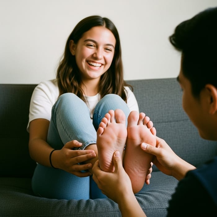 Playful Hispanic Teenage Girl Laughing on Comfortable Couch