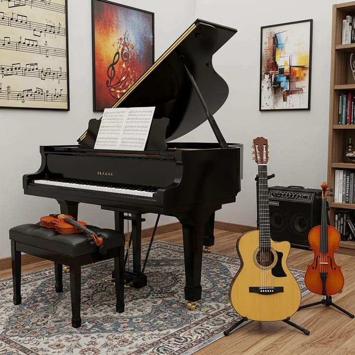 Creative Music Room with Grand Piano, Guitar, and Violin