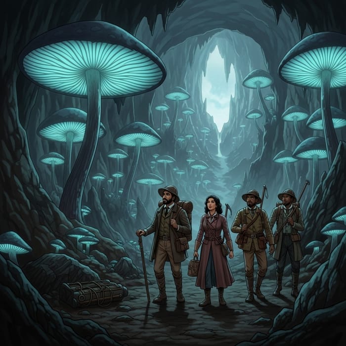 Center of the Earth Exploration - Journey Inspired Scene with Luminescent Mushrooms Center of the Earth Exploration - Journey Inspired Scene with Luminescent Mushrooms
