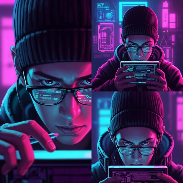 Skilled Hacker with Mysterious Aura in Cyberpunk Aesthetic Skilled Hacker with Mysterious Aura in Cyberpunk Aesthetic