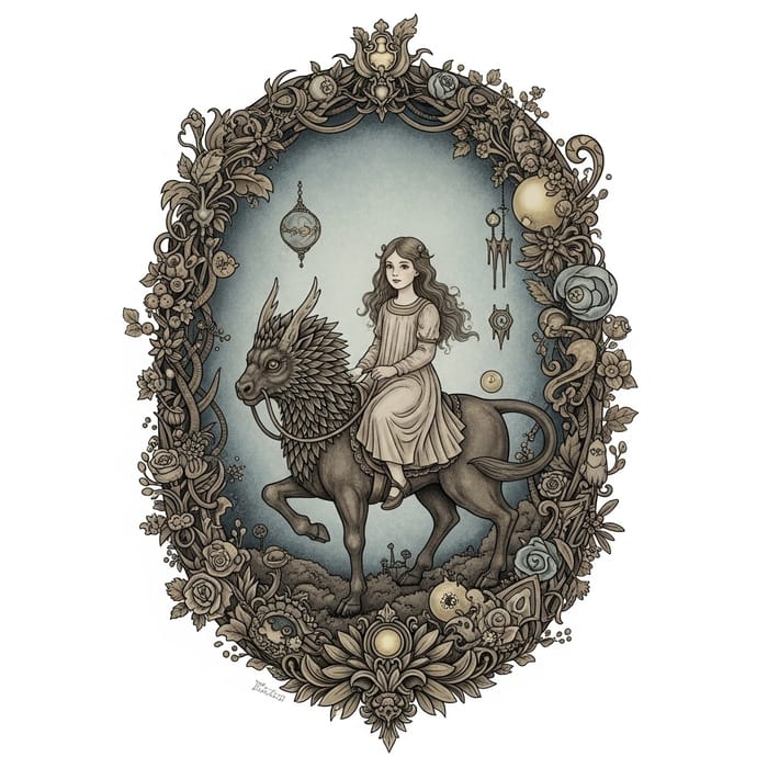 Intricate Lithograph: Girl Riding Mythical Creature in Dream Landscape | Surreal Artwork Intricate Lithograph: Girl Riding Mythical Creature in Dream Landscape | Surreal Artwork