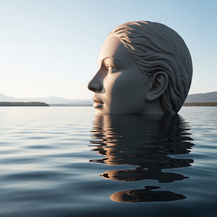 Hyper-Realistic Giant Woman Head Statue Emerging from Lake Hyper-Realistic Giant Woman Head Statue Emerging from Lake