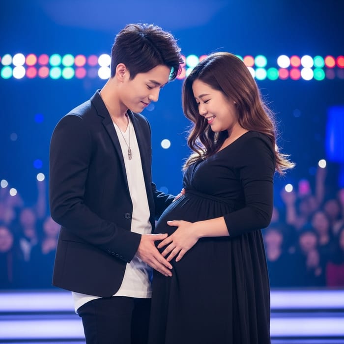 Expectant East Asian Male Pop Star | Trendy Clothes & Joyful Parenthood