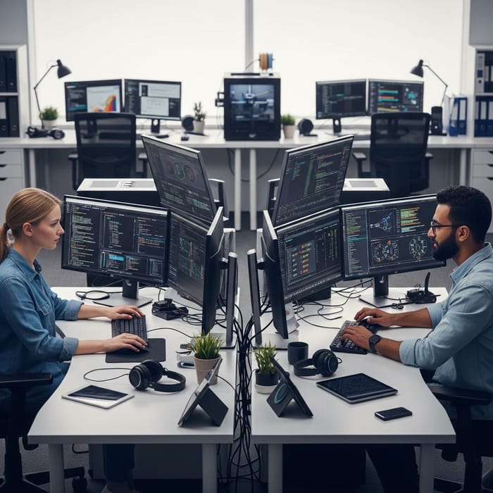 Tech-Savvy Duo Working Together in Modern Office