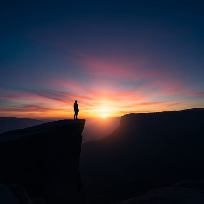 Solitary Figure on Cliff at Sunrise - Captivating Landscape View