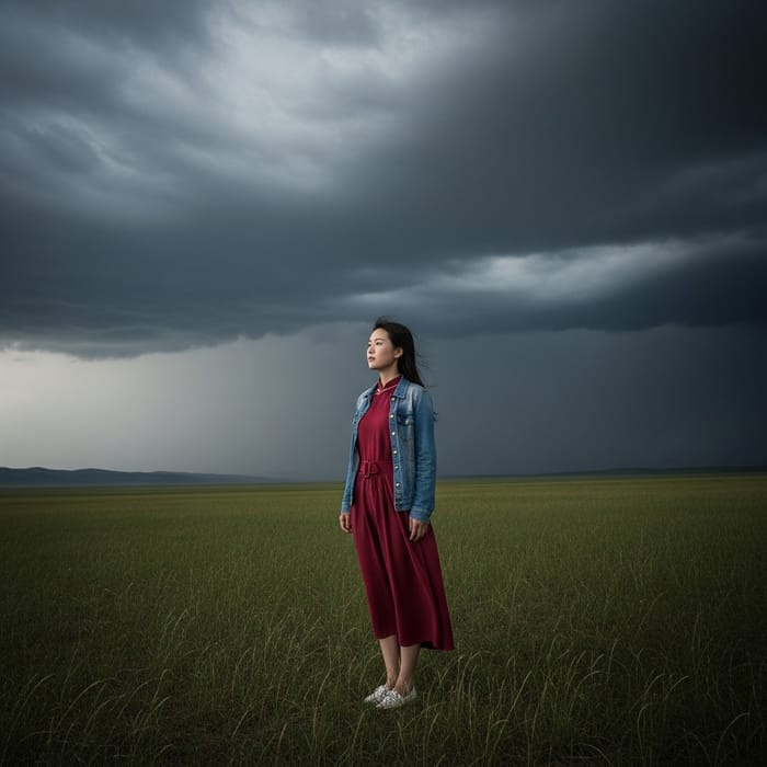 Chinese Girl on Vast Grassland | Dramatic View Amidst Ominous Storm
