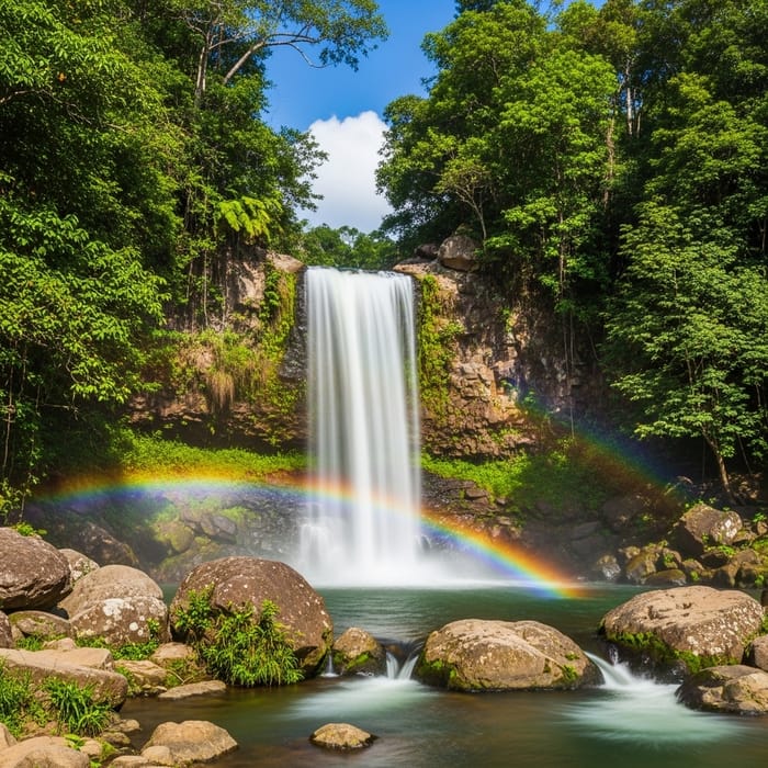 Ethereal Imaginary Waterfall: Vibrant Colors & Moss-Covered Rocks