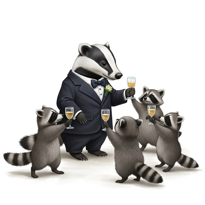 Enchanting Badger Wedding Celebration with Raccoons Toasting Enchanting Badger Wedding Celebration with Raccoons Toasting