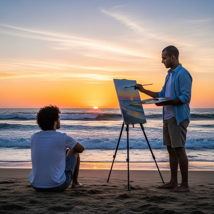 Serene Beach Sunset: Two Men Capturing Nature's Beauty