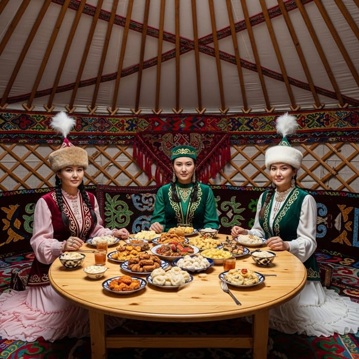Kazakh Women in Yurt: Cultural Cuisine Gathering Kazakh Women in Yurt: Cultural Cuisine Gathering