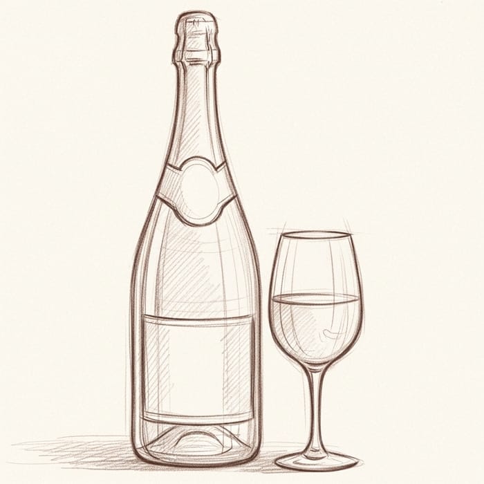 Champagne Bottle and Glass Sketch Artwork Champagne Bottle and Glass Sketch Artwork