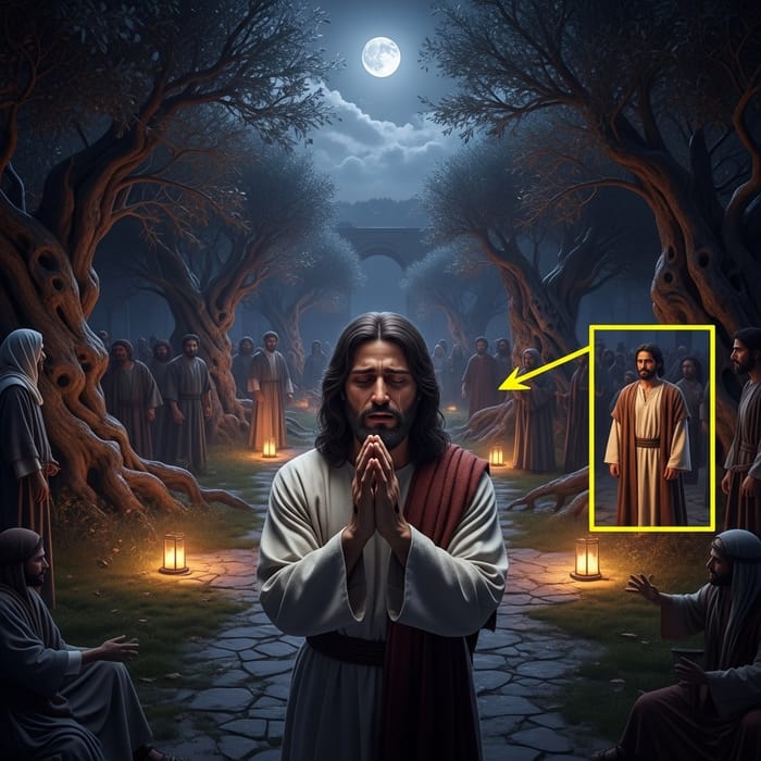 Hyperrealistic Image of Betrayal in Ancient Garden: Jesus at Gethsemane