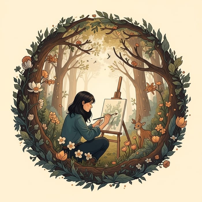 Enchanting Woodland Fairy Tale with Dark-Haired Artist, Forest Creatures & Flowers Enchanting Woodland Fairy Tale with Dark-Haired Artist, Forest Creatures & Flowers