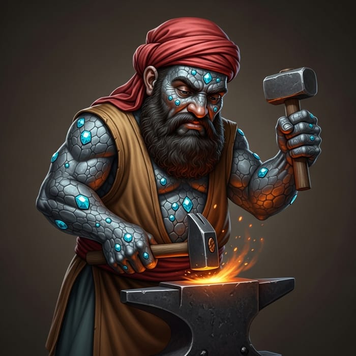 Arabic Dwarf Blacksmith with Diamond-Embedded Stone Texture Skin