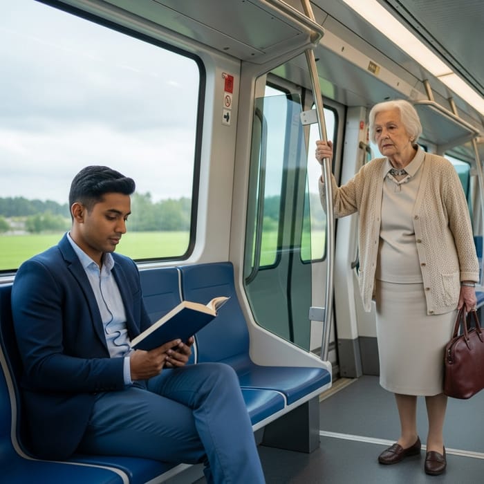 Man Seated in Train Ignoring Elderly Woman | Thought-provoking Image Man Seated in Train Ignoring Elderly Woman | Thought-provoking Image