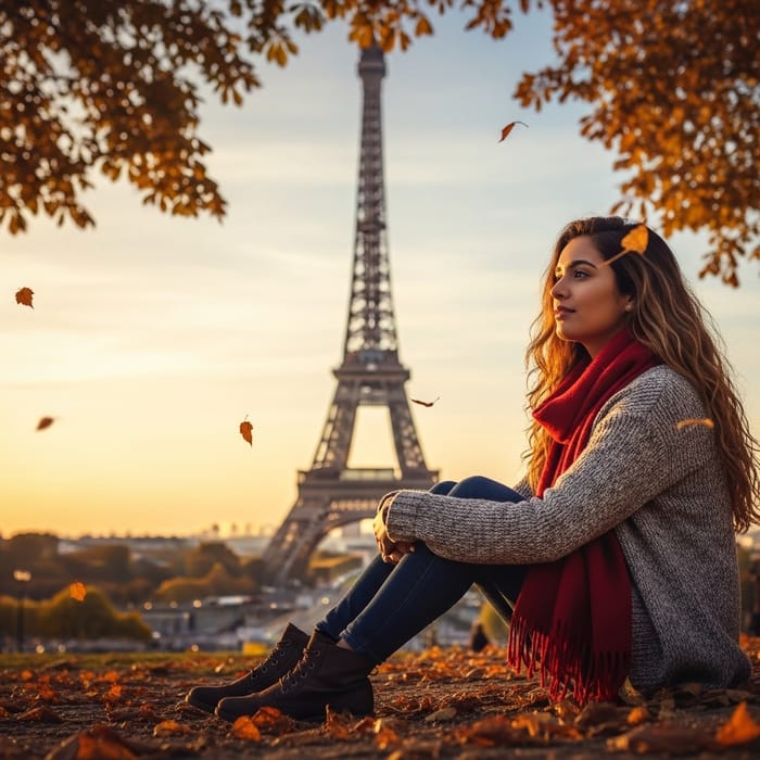 Autumn Romance: Girl at Eiffel Tower