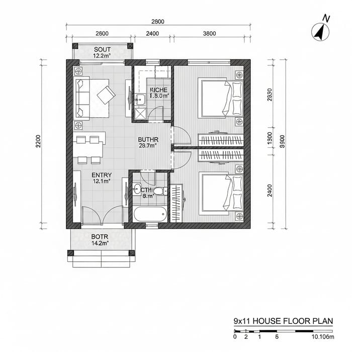 Home Design Plan: Spacious 2-Bedroom House 9x11 with Bath Home Design Plan: Spacious 2-Bedroom House 9x11 with Bath