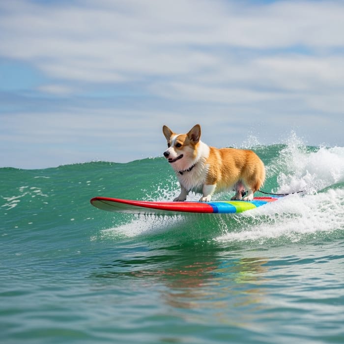 Adorable Corgi Surfing with Joy on Colorful Board Adorable Corgi Surfing with Joy on Colorful Board
