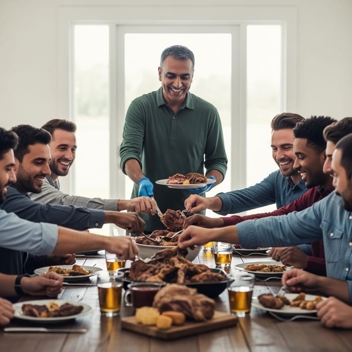 Diverse Men Indulging in Hearty Meal at Rustic Table