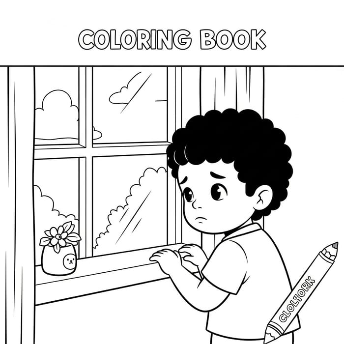 Whimsical Cartoon Coloring Book Page - Sad Kid Looking out Window