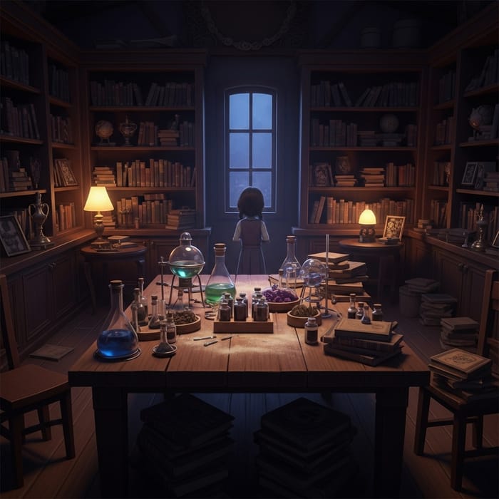 Enchanted Cozy Library with Alchemy Table and Vintage Books Enchanted Cozy Library with Alchemy Table and Vintage Books