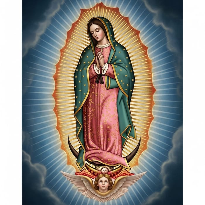 Detailed Depiction of Virgen de Guadalupe in Heavenly Light Detailed Depiction of Virgen de Guadalupe in Heavenly Light