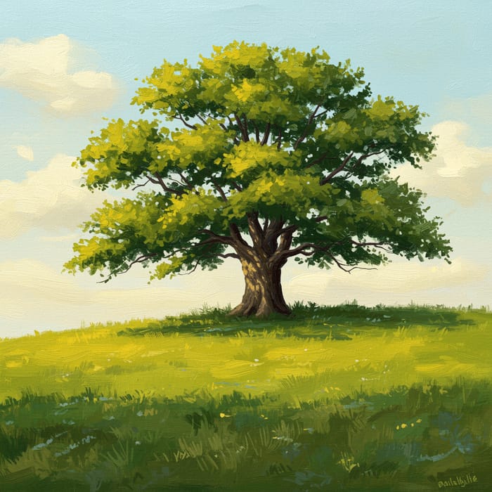 Tranquil Impressionist Oak Tree Landscape