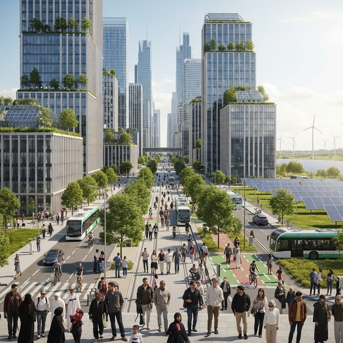 Ideal Green Cityscape with Diverse Residents & Sustainable Infrastructure